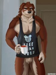 3:4 absurd_res anthro ball_tuft balls beverage biceps biped black_claws blue_eyes bottomless bottomless_anthro bottomless_male brown_body brown_fur canid canine canis claws clothed clothing container cup domestic_dog english_text fur genitals hi_res looking_at_viewer male mammal molosser mountain_dog muscular muscular_anthro muscular_male otterboxed pecs saint_bernard shirt shirt_only smile solo standing tank_top text topwear topwear_only tuft white_body white_fur