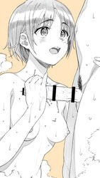 arm_around_waist bangs bar_censor blush breasts censored collarbone completely_nude eyebrows_visible_through_hair female grey_theme handjob highres looking_at_another looking_up male_pubic_hair medium_breasts monochrome navel nipples nude open_mouth orange_background original parted_bangs penis pubic_hair short_hair simple_background small_breasts solo_focus steam straight teeth tsukimoto_kizuki upper_body upper_teeth wet