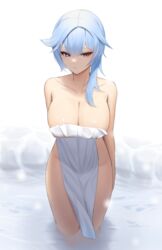 absurdres bangs blue_hair blush breasts cleavage closed_mouth collarbone covering eula_(genshin_impact) eyebrows_visible_through_hair female female genshin_impact highres in_water large_breasts lordol medium_hair nude_cover solo standing towel water