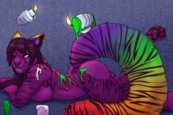 3:2 anthro candle candle_wax domestic_cat felid feline felis female fur hi_res kinktober mammal multicolored_tail purple_body purple_fur rainbow_tail solo temperature_play thatblackfox_(artist) wax wax_play