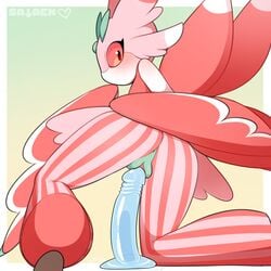 1:1 2020s 2021 anthro anus arthropod ass biped black_eyes blush bodily_fluids dildo female genital_fluids genitals gradient_background hi_res kneeling looking_at_viewer looking_back lurantis masturbation nintendo on_one_leg penetration pink_body pokemon pokemon_(species) pussy pussy_juice rear_view red_sclera sataenart sex_toy shallow_penetration simple_background solo standing striped_legs toying_self vaginal_masturbation vaginal_penetration video_games wings