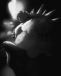 2021 anthro armband belly big_belly big_bulge big_muscles black_background bowser bulge clothed clothing erection erection_under_clothing eyebrows greyscale guide_lines hair hi_res horn huge_bulge huge_muscles koopa looking_at_viewer low-angle_view male male_only mario_(series) monochrome musclegut muscular muscular_anthro muscular_male navel nintendo nipple_piercing nipple_ring nipples pecs piercing rakomadon scalie shell simple_background solo spiked_armband spiked_shell spikes spikes_(anatomy) standing tenting underwear video_games