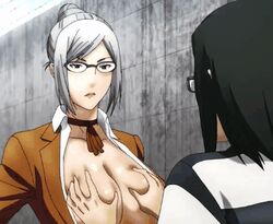 1boy 1girls animated animated_gif between_breasts big_breasts breast_grab breasts female glasses head_between_breasts jiggle large_breasts mature_female morokuzu_takehito motorboating prison_school screencap screenshot shiraki_meiko uniform voluptuous