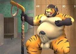 2021 absurd_res anthro balls belly big_belly bodily_fluids clothing cum detailed_background digital_media_(artwork) erection felid fur genital_fluids genitals grin hair hi_res hockey_stick humanoid_genitalia humanoid_hands humanoid_penis inside jockstrap licking licking_lips locker_room looking_at_viewer male mammal moobs nipples overweight overweight_male pantherine penis sato_afroleone sitting smile solo text tiger tongue tongue_out underwear