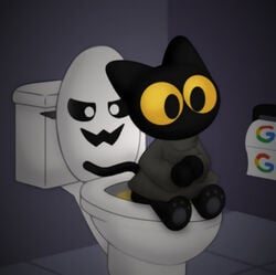 anthro bathroom bottomless clothed clothing domestic_cat duo felid feline felis ghost google google_doodle living_toilet magic_cat_academy mammal momo_(google) peeing peeing_on_another privy public_restroom restroom_stall sitting spirit toilet toilet_paper toilet_use transformation