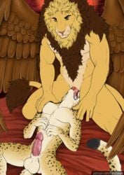 5_fingers anthro anthro_on_anthro anthro_penetrated anthro_penetrating anthro_penetrating_anthro blue_eyes brown_mane cheetah duo feathered_wings feathers felid feline fingers fur hi_res lion male male/male male_penetrated male_penetrating male_penetrating_male mammal mane oral oral_penetration pantherine penetration sex smile tanutanuki text url wings yellow_body yellow_fur