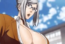 1boy 1girls animated animated_gif big_breasts bouncing_breasts chest_bump cleavage face_in_breasts fat_breasts glasses head_against_breasts huge_breasts mature_female nezu_jouji prison_school screencap screenshot shiraki_meiko sumo_wrestling top_heavy uniform voluptuous