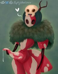 1boy 2025 ant antennae anthro black_eyes hi_res holding holding_penis hollow_knight hollow_knight:_silksong hood male male_only mask_on_head mightywheelchair mottled_skarr penis precum red_body red_skin silksong skarr_(hollow_knight) solo