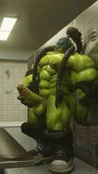 2021 3d_(artwork) abs artist_name balls big_balls big_muscles big_penis blizzard_entertainment boots braided_hair clothing digital_media_(artwork) erection footwear genitals green_body green_skin hair hi_res humanoid humanoid_genitalia humanoid_penis humanoid_pointy_ears inside locker locker_room male male_only mammal mask masturbation muscular muscular_humanoid muscular_male navel nipples not_furry nude obliques orc orc_male pecs penile penile_masturbation penis ponytail psyertitan shoulder_pads solo standing teeth thrall_(warcraft) tusks video_games warcraft