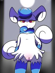 3:4 absurd_res anthro domestic_cat felid feline felis female fur furry furry_only genitals hi_res jaspixie light mammal meowstic moon moonlight night nintendo pokémon_(species) pokemon presenting presenting_pussy psychic pussy simple_background solo tail video_games