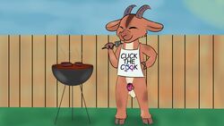 16:9 anthro apron apron_only balls beef bovid brown_body brown_fur caprine chastity_cage chastity_device closed_eyes clothing cooking fence food fur genitals goat grass grill hi_res horn male mammal meat mostly_nude ollie_(soggygoat) outside penis plant small_balls small_penis smile soggygoat solo steak text text_on_apron text_on_clothing widescreen