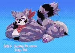 2024 abstract_background anthro arm_tuft ass balls bedroom_eyes biceps big_balls big_butt big_muscles big_pecs big_penis black_body black_eyebrows black_fur black_nose blue_background blue_outline character_name cheek_tuft count countershade_torso countershading crimsonrabbit day_count deltoids digital_media_(artwork) dotted_background elbow_tuft english_text eye_markings eyebrows facial_markings facial_tuft fluffy fluffy_tail forearms foreshortening foreskin full-length_portrait fur genitals glans glistening glistening_body gloves_(marking) glutes grey_balls grey_body grey_fur grey_penis hand_on_cheek head_markings head_tilt head_tuft hi_res huge_balls huge_cock huge_muscles hyper hyper_balls hyper_genitalia hyper_muscles hyper_penis indigo_park kerchief leg_markings light lighting looking_aside looking_aside_at_viewer lying male mammal markings mask_(marking) motion_lines muscular muscular_arms muscular_legs muzzle_(marking) narrowed_eyes on_front outline partially_retracted_foreskin pattern_background pecs penis plantar_flexion pointy_ears portrait procyonid pupils purple_eyes purple_glans quads raccoon rambley_raccoon red_bandana red_kerchief ring_(marking) ringed_tail seductive serratus_posterior shaded shaded_background shadow shaking short short_male simple_background small_but_hung small_hands smile socks_(marking) solo striped_markings striped_tail stripes tail tail_markings teeth text thick_penis thick_thighs three-quarter_view trapezius trembling triceps tuft vein veiny_penis white_body white_fur white_inner_ear white_pupils white_sclera