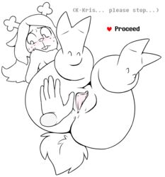 anthro arms_behind black_and_white blush breasts cervid deltarune female genitals hi_res human kris_(deltarune) male mammal noelle_holiday nude offscreen_character pussy questionable_consent rawrunes snowgrave spread_pussy spreading undertale_(series) video_games