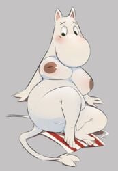 4_fingers 4_toes anthro apron ass big_areola big_nipples blush breasts chubby clothing dark_nipples discarded_clothing feet female fingers grey_background hi_res honeymono inverted_nipples leaning leaning_back mammal moomin moominmamma nipples nude overweight simple_background sitting smile solo tail_tuft the_moomins toes tuft