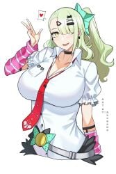 1girl aged_up alternate_body_type angels_of_delusion azuran0 bangs belt big_breasts bow breasts choker cleavage earrings eyebrows_visible_through_hair green_hair hair_ornament hair_over_one_eye highres jewelry large_breasts long_hair looking_at_viewer open_mouth simple_background smile solo sunna_(zenless_zone_zero) v white_background yellow_eyes zenless_zone_zero