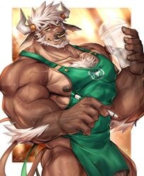 anthro apron bovid bovine cattle clothing dick_root facial_piercing genitals glass green_apron hi_res horn horn_jewelry horn_ring i_mean_breast_milk iced_latte_with_breast_milk iced_latte_with_dick_milk male mammal meme morris_(rabbity) muscular muscular_male nipples nose_piercing pecs penis penis_base penis_peek piercing rabbity ring_(jewelry) solo vein veiny_muscles veiny_penis