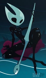 arthropod black_body breasts cloak clothing clothing_on_floor crossed_legs featureless_breasts featureless_crotch female genitals glistening glistening_body hi_res hollow_knight hornet_(hollow_knight) humanoid ickleseed non-mammal_breasts nude presenting pussy red_clothing sitting small_breasts solo team_cherry video_games weapon