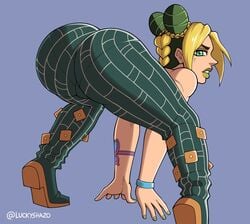 1girls ass ass_focus back_view big_ass blonde_hair cameltoe female female_only female_protagonist from_behind green_eyes green_hair huge_ass jojo's_bizarre_adventure jolyne_kujo luckyshazo pose shounen_jump simple_background solo solo_female solo_focus stone_ocean tattoo thick_thighs thighs