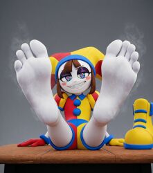 3d ai ai_art ai_generated blush evil_pomni_(the_amazing_digital_circus) feet feet_focus female foot_fetish jester jester_hat musk musky musky_feet pomni_(the_amazing_digital_circus) sharp_teeth shoes smile sweat sweaty_feet the_amazing_digital_circus white_skin