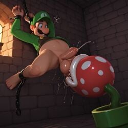 1ambiguous 1boy ai_generated balls blue_eyes bottomless bottomless_male brown_hair chains clothing duo erection facial_hair feet genitals green_hat green_shirt hat humanoid indoors interspecies licking_penis light-skinned_male light_skin luigi male male/ambiguous male_only mammal mario_(series) nintendo penis piranha_plant plant sex shirt super_mario_bros. teeth testicles tongue tongue_out