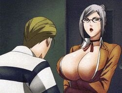 1boy 1girls animated animated_gif big_ass big_breasts drying_off glasses mature_female prison_school rubbing_breasts rubbing_penis screenshot shiraki_meiko wakamoto_shingo