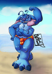 2021 4_arms 4_toes alien antennae_(anatomy) anthro anthrofied balls_outline beach blue_body blue_eyes blue_fur blue_nose bulge clothing crossed_arms day disney ears_down experiment_(lilo_and_stitch) feet flexing fur genital_outline gs-fox hand_on_hip head_tuft hi_res lilo_and_stitch male male_only multi_arm multi_limb muscular muscular_anthro muscular_male notched_ear open_mouth open_smile outdoors pivoted_ears pose seaside sheath_outline smile solo speedo stitch swimwear toes tuft