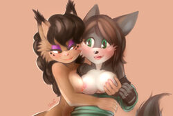 3:2 anthro breast_grab breasts canid canine canis duo embrace felid feline female female/female hand_on_breast hi_res hug krazyelf lynx mammal melissa_lynx wolf