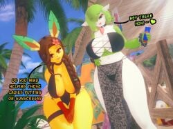 pokemon pokemon_(species) leafeon gardevoir eeveelution swimsuit swimwear bikini bikini_top bikini_bottom pareo big_breasts big_ass big_butt big_thighs thick_thighs thighs thick_legs thick_butt humanoid furry 2girls looking_at_viewer voluptuous voluptuous_female voluptuous_anthro voluptuous_body female_focus female_humanoid milf milf_body mature_female mature mature_woman mature_anthro mature_figure mature_body makeup brown_hair brown_eyes furry_only furry_female big_boobs chocker mega_stone thigh_band micro_bikini seductive seductive_look seductive_smile seductive_eyes seductive_pose seductive_body text english_text 3d koikatsu beach beach_background palm_tree palm_leaf sunlight render_007 nipples nipples_visible_through_clothing nipple_outline breedable_hips