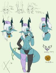 1boy 2021 69_(number) absurd_res androgynous armband armwear asymmetrical_hair blue_body blue_skin bulge clothing collar cute_fangs dark_sclera demon ear_tag elbow_gloves english_text facial_markings fangs feminine_male freckles gloves hair half-closed_eyes handwear hat head_markings headgear headwear hi_res horn humanoid humanoid_pointy_ears kellureme_(omegax) legwear male male_only markings mostly_nude narrowed_eyes nipple_piercing nipples not_furry omegax piercing ponytail pubic_tattoo pupils sharp_teeth signature simple_background slit_pupils smile smirk solo stockings teeth text thong underwear yellow_eyes