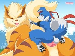 4:3 alpha_(mating_season) anal anal_sex anthro anthro_on_feral arcanine backsack balls bandai_namco canid canine connor_the_gaomon crossover digimon digimon_(species) duo feet feral gaomon genitals grin hi_res holding_tail knot looking_back male male/male male_penetrated male_penetrating male_penetrating_male mammal nikkibunn nintendo outside penetration penis pokemon pokemon_(species) size_difference small_dom_big_sub smile video_games zoophilia