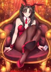 aqua_eyes bare_shoulders blush bunny_ears bunny_girl fate/stay_night fate_(series) female high_heels long_hair looking_at_viewer pantyhose playing_card red_heels sitting solo tohsaka_rin zucchini