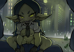 bottle bottomless breasts clothed clothing female genitals goblin goblin_female green_body hi_res humanoid noise_(artist) not_furry pupils pussy sharp_teeth slit_pupils solo teeth