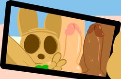 animal_crossing anthro balls big_penis bikini bikini_top clothing coco_(animal_crossing) digital_media_(artwork) erection female genitals gesture group hi_res human humanoid_genitalia humanoid_penis lagomorph larger_male leporid male mammal mark_m nintendo nude open_mouth penis pose rabbit selfie simple_background size_difference swimwear v_sign video_games