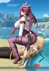 aether_(genshin_impact) beach caption clothed_facesitting dialogue facesitting fat_ass fishnets genshin_impact grabbing_ass heels huge_breasts human imthighred nun nun_outfit pantyhose rimming rimming_female rosaria_(genshin_impact) squatting thick_thighs