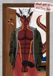 2021 absurd_res anthro bad_dragon balls bedroom boxers_(clothing) clothed clothing dialogue digital_media_(artwork) dildo dragon english_text gariyuu genitals hair hi_res horn inside jacket jacket_only lgbt_pride looking_at_viewer male male_only muscular open_clothing open_mouth open_shirt open_topwear partially_clothed pecs penis pride_colors rainbow_flag rainbow_pride_flag rainbow_symbol raised_tail red_body scalie sex_toy shaded shirt six-stripe_rainbow_pride_colors solo speech_bubble standing stickers tail_motion tailwag text topwear underwear venclec white_hair