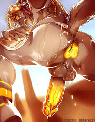 absurd_res anthro anubian_jackal anus ass balls black_body black_fur black_nose bodily_fluids bottomwear braided_hair canid canine canis captain_nikko clothing desert fangs feathers fur genitals golden_claws hair hi_res humanoid_genitalia humanoid_penis jackal loincloth looking_at_viewer looking_back male mammal mostly_nude multicolored_body multicolored_fur naughty_face naughty_smile penis presenting presenting_anus presenting_hindquarters purple_eyes rear_view smile smiling_at_viewer solo spread_anus spread_butt spreading sweat sweatdrop sweaty_anus sweaty_balls sweaty_butt sweaty_genitalia sweaty_penis teeth two_tone_body two_tone_fur vein veiny_penis white_loincloth yellow_anus yellow_body yellow_fur yellow_inner_ear yellow_penis zaliki_(fyrefirefox)