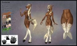 1girls 2d 2d_(artwork) blonde_hair breasts brown_body brushfire english_text equid equine female female_only genitals green_eyes hair hi_res horse mammal model_sheet naked nude pussy solo sunbeam_(horse_imp) text