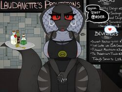 4:3 angry anthro apron apron_only big_breasts black_body blep bone breast_squish breasts bulge cafe choker cleavage clothed clothing cobra coffee_shop curvaceous curvy_figure darkest_dungeon detailed_bulge dialogue english_text genital_outline goth gynomorph heart hi_res hiding_erection i_mean_breast_milk iced_latte_with_breast_milk intersex jewelry looking_at_viewer markings meme menu mostly_nude necklace ninjamoon nipple_piercing nipples penis_outline piercing pliskin_(ninjamoon) red_eyes reptile scales scalie scar shy skull small_clothing snake snake_hood solo speech_bubble squish text thick_thighs tile tile_wall tongue tongue_out unusual_anatomy unusual_tail voluptuous wall_(structure) wide_hips