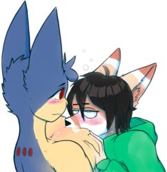 anthro blue_body blue_eyes blue_fur blush body_blush borky-draws breast_blush breasts brown_hair clothing duo ember_the_typhlosion face_in_breasts female fur hair hi_res hoodie male male/female nintendo pokemon pokemon_(species) red_eyes topwear typhlosion video_games white_body white_fur yellow_body yellow_fur