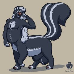 1:1 2021 4_fingers animal_genitalia armpit_hair ball_tuft balls barefoot belly belly_tuft big_balls big_sheath big_tail black_body black_fur body_hair cel_shading chest_tuft chubby_male claws curled_hair digital_media_(artwork) digitigrade facial_hair fancy_foxx_(artist) feet fingerless_(marking) fingers fluffy fluffy_tail fur genitals goatee green_eyes grey_body grey_fur grey_hair hair happy_trail hi_res long_hair male mammal mammal_taur mephitid mephitid_taur multicolored_body multicolored_fur nude paws raised_tail shaded sheath side_view simple_background skunk skunk_taur smile solo solo_male taur three-quarter_view toeless_(marking) toes tuft two_tone_body two_tone_fur watermark whiskers