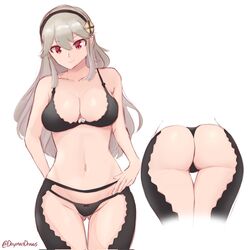 1girls ass ass_focus ass_visible_through_thighs bare_thighs big_ass black_panties bra breasts cleavage collarbone corrin_(fire_emblem) corrin_(fire_emblem)_(female) daymandraws female_only fire_emblem fire_emblem_fates grey_background inner_thighs large_breasts long_hair midriff nintendo panties red_eyes smile solo thighs underwear white_background