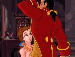 1boy 1girls after_fellatio beauty_and_the_beast_(1991_film) belle_(beauty_and_the_beast) cum_in_mouth disney disney_princess disney_villains gaston hand_on_penis handjob kneeling penis titflaviy