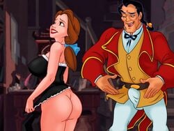 1girls ass beauty_and_the_beast_(1991_film) belle_(beauty_and_the_beast) disney disney_princess disney_villains erection erection_under_clothes gaston negligee no_pants titflaviy