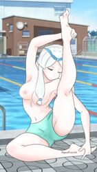 1girls artist_name breasts eyes_closed focused focusing hair_ornament kagura_(mobile_legends) mobile_legends stretching swimming_pool tagme topless yoga_pose