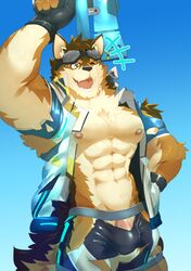 abs absurd_res anthro barrel_(live-a-hero) canid canine canis clothing eyewear flaccid genitals goggles hi_res lifewonders live-a-hero male mammal muscular muscular_male nipples owatana0 pecs penis penis_base superhero swimwear torn_clothing toy toy_gun video_games water_gun wolf