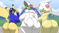 16:9 accessory afro age_difference anthro ass big_breasts big_butt bonnet bottomless breasts clothed clothing eldegoss elderly_female fashionable_style_eldegoss fashionable_style_gardevoir female gardevoir genitals group hair_accessory hair_ribbon hat headgear headwear hip-hop_style_pikachu holly_(igph) hoodie huge_breasts huge_butt igphhangout ivy_(igph) mature_female mega_evolution mega_gardevoir mostly_nude nintendo nude pikachu pokémon_(species) pokemon pokemon_(species) pokemon_unite pussy ribbons tesla_(igph) topwear video_games widescreen