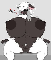 2020 anthro anthrofied big_breasts black_body black_nipples bleating bovid breasts caprine female fur genitals heart hi_res horn huge_breasts mammal nintendo nipples pokémon_(species) pokemon pokemon_(species) pokemorph pussy riku9797 sheep smile solo video_games wool_(fur) wooloo