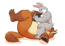 2021 absurd_res anthro aotoaka belly bodily_fluids canid canine disney duo facesitting feet foot_fetish fox gideon_grey grey_body hi_res humanoid_hands lagomorph leporid male mammal one_eye_closed orange_body overweight overweight_male rabbit simple_background sitting sweat white_background zootopia