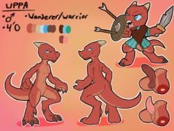 4:3 animal_genitalia anthro anus arrow balls blue_eyes clothed clothing eyeball6300_(chiv) genital_slit genitals hi_res horn humanoid_genitalia humanoid_penis kobold male melee_weapon model_sheet nude penis red_body reptilian_penis scar shield slit solo sword tunic weapon