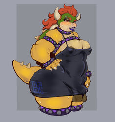 1boy absurd_res anthro ass baguette_(artist) balls black_clothing black_dress blush bowser breasts chubby chubby_male clothing collar crossdressing dress eyelashes eyeshadow fat femboy feminine_male gay genitals girly hand_on_hip hi_res horn humanoid koopa long_hair looking_at_viewer makeup male male_only malesub mario_(series) muscular muscular_male nintendo orange_body penis penis_under_clothes purple_lips scalie showing_off slightly_chubby solo spiked_collar spikes sweat sweatdrop sweating tail thick_lips thick_thighs trap video_games wide_hips yaoi yellow_body